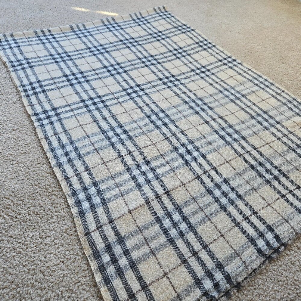 NWOT Cashmere Scarf Tan Plaid Nepal Open Weave Detail at Ends